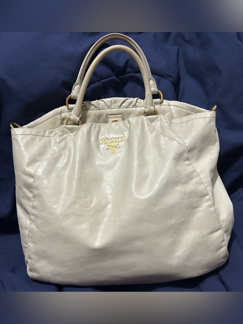Authentic PRADA Ivory Tote with Gold Accents and crossbody strap